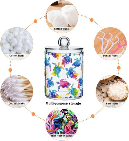 ALAZA 2pcs Multicolor Watercolor Sea Turtle Qtip Holder Dispenser 14 oz Bathroom Storage Clear Apothecary Jars Containers Cotton Ball,Cotton Rounds,Floss Picks, Hair Clips, Food
