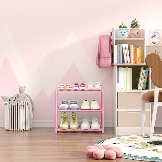 HITHIM 3-Tier Pink Shoe Racks for Women/Girls/Kids' Closet, Small Shoe Storage for 5-7 Pairs, Lightweight Stackable Shoe Shelf Organizer for Entryway, Front Door Entrance, Bedroom