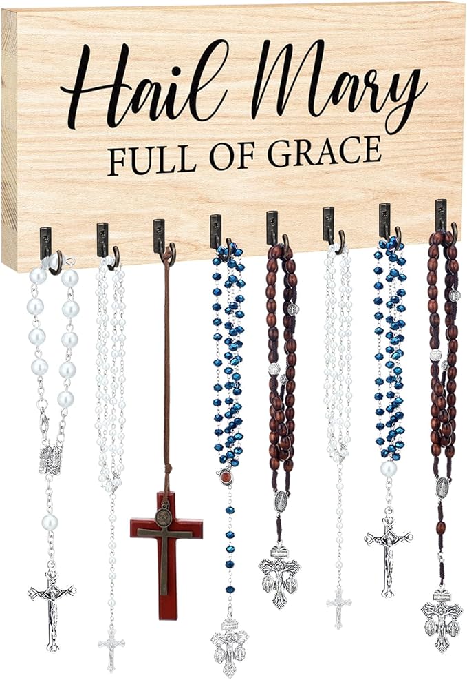 Colingmill Large Wooden Rosary Holder Wall Mounted with 8 Hangers Catholic Rosary Storage Organizer Decorative Hanger Holder for Necklace, Bracelet Prayer Storage (Natural)