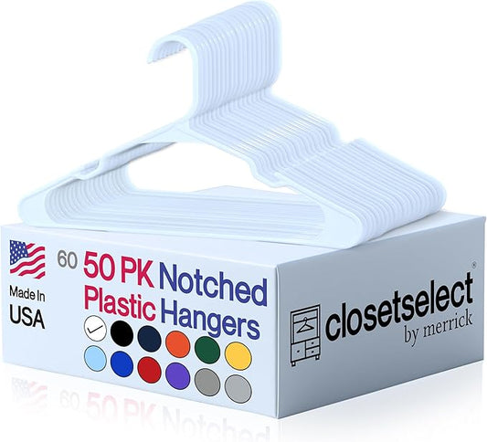 Plastic Hangers 50 Pack, Strong Space Saving Clothes Hanger, Made in USA, Perfect Shirt or Coat Plastic Hanger, with Shoulder Grooves, White, Notched