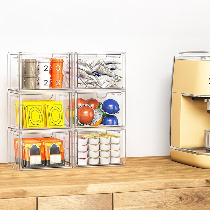 caktraie 6 Pack Small Clear Stackable Acrylic Storage Boxes for Art Tool & Sketch, Stroage Drawers, Makeup Organizer, Plastic Storage Bins For Vanity, Kitchen Cabinets, Pantry, Home Organization