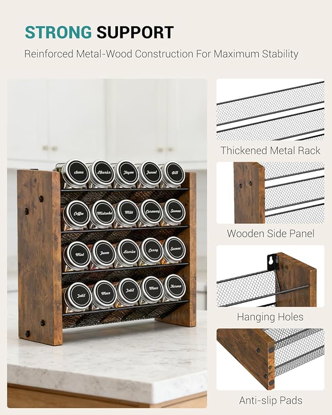 NESAPTO Spice Rack Organizer with 20 Glass Spice Jars, Wood 4-Tier Seasoning Organizer with Labels for Cabinet, Pantry, Countertop or Wall Mount, Chalk Marker and Funnel Set, 10.3" W × 9.4" H