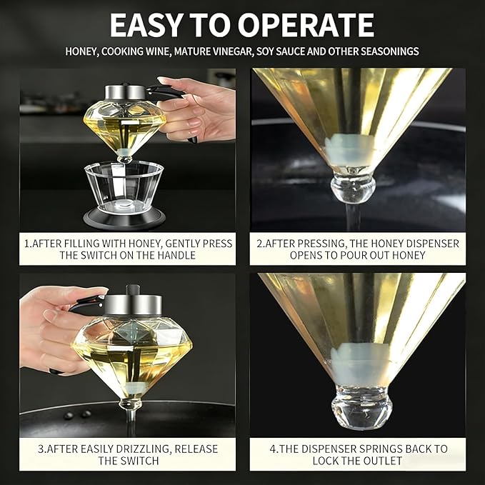 Honey Dispenser No Drip with Base, 6.8oz Glass Honey Jar pot with Handle, Syrup Dispenser for Coffee or Tea, Mess Free Honey Dispenser for Honey Syrup Olive Oil, Maple Syrup Honey Container