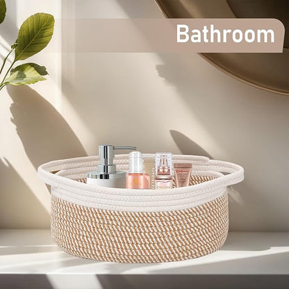JMvicyroam Woven Basket,Small Rope Storage Bin with Handles & Ribbon Bag, Organizer for Shelves Closets,Gift Basket Empty for Birthday,Books,Dog Toys, White&Brown Block