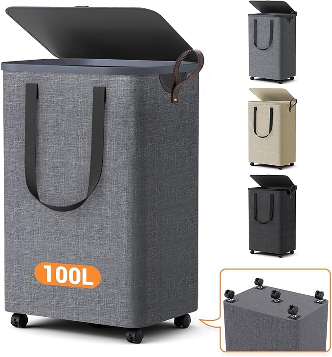 Laundry Basket with 5 Wheels, Tall Dirty Laundry Hamper, Rolling Laundry Basket with Lid, Large 100L Collapsible Clothes Hamper for Laundry Room Bedroom Bathroom Dorm, Light Gray