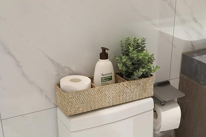 DOKOT Whitewash Seagrass Toilet Tank Basket with 3 Section, Toilet Paper Basket for Bathroom Organizing, Storage Basket for Kitchen, Dresser (16.5x5.7x3.5 inch)