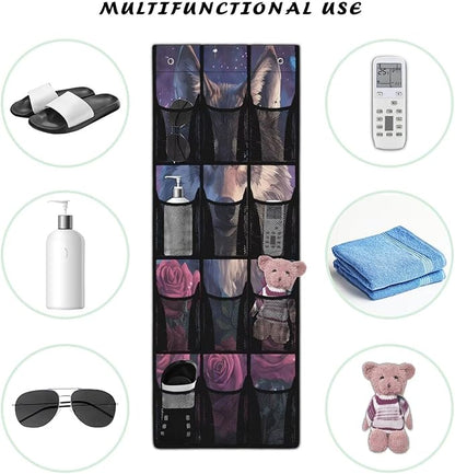 Wolf Door Hanging Shoe Organizer 12 Pockets Behind Door Organizer for Dorm Room Easy to Install Rose Wall Hanging Storage for Office