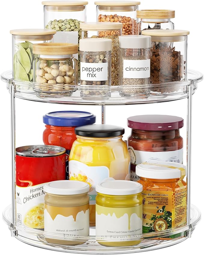 2 Tier Lazy Susan Organizer, 9.25'' Lazy Susan Turntable for Cabinet, Stackable Turntable Organizer Rotating Spice Rack Organization for Kitchen Countertop, Pantry, Bathroom, Clear