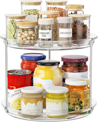 2 Tier Lazy Susan Organizer, 9.25'' Lazy Susan Turntable for Cabinet, Stackable Turntable Organizer Rotating Spice Rack Organization for Kitchen Countertop, Pantry, Bathroom, Clear