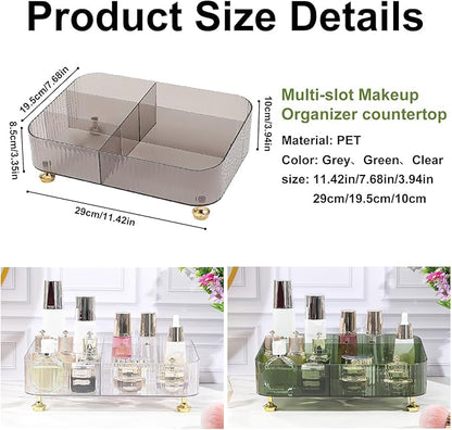 DASITON Makeup Organizer Countertop for Vanity, 5 Slots Makeup Brush Holder Organizer, Vintage Makeup Perfume Tray Cosmetic and Skincare Organizers for Bedroom Bathroom Counter, Desk Storage (Grey)