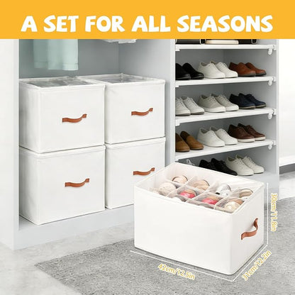 VZZNN 4 Pack Shoe Organizer for Closet - with Transparent Cover and Sturdy Handles shoe storage - Foldable Shoe Storage Containers Fits to 36-48 Pairs 4 Pack (Beige)