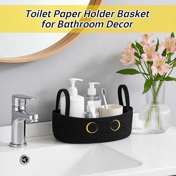 Toilet Black Cat Paper Basket–Cute Cat Oval Woven Bathroom Organizer Toilet Tank Decorative Storage Basket, Shelf Rope Cotton Cat Bin with Handles, Wedding Towel Holder, 13" D x 7.48" H in