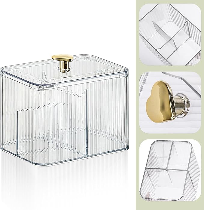 Qtips Holder Bathroom Container, 3-Section Bathroom Organizer Dispenser ,3 Grids Cotton Ball/Swab/Pad Holder ,Jar Organizer Cosmetics Storage for Vanity Clear