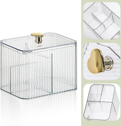 Qtips Holder Bathroom Container, 3-Section Bathroom Organizer Dispenser ,3 Grids Cotton Ball/Swab/Pad Holder ,Jar Organizer Cosmetics Storage for Vanity Clear