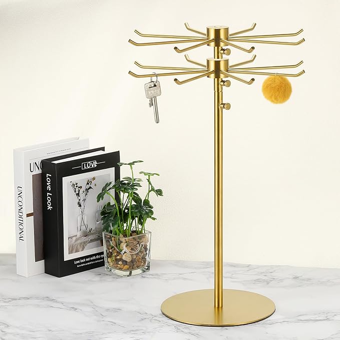 uxcell Keychain Display Stand, 1Pcs - Metal 2-layer Rotating Jewelry Display Stand with 8 Hook, Adjustable Display Rack for Necklace Craft Shows (Gold)