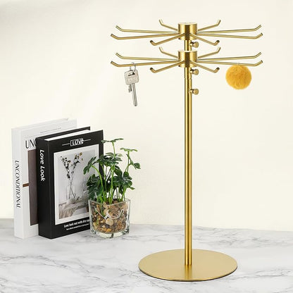 uxcell Keychain Display Stand, 1Pcs - Metal 2-layer Rotating Jewelry Display Stand with 8 Hook, Adjustable Display Rack for Necklace Craft Shows (Gold)