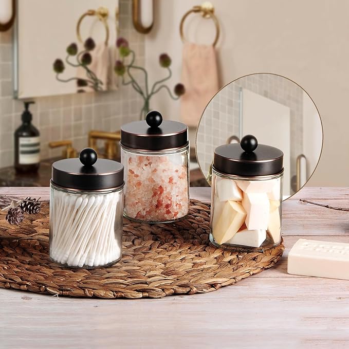 Apothecary Jar Canisters Bathroom Vanity Organizer - Qtip Holder Storage Organizer Countertop -Stainless Steel Lids &Cute Stickers for Qtips,Cotton Swabs,Makeup Sponges,Floss(3 Pack) (ORB)