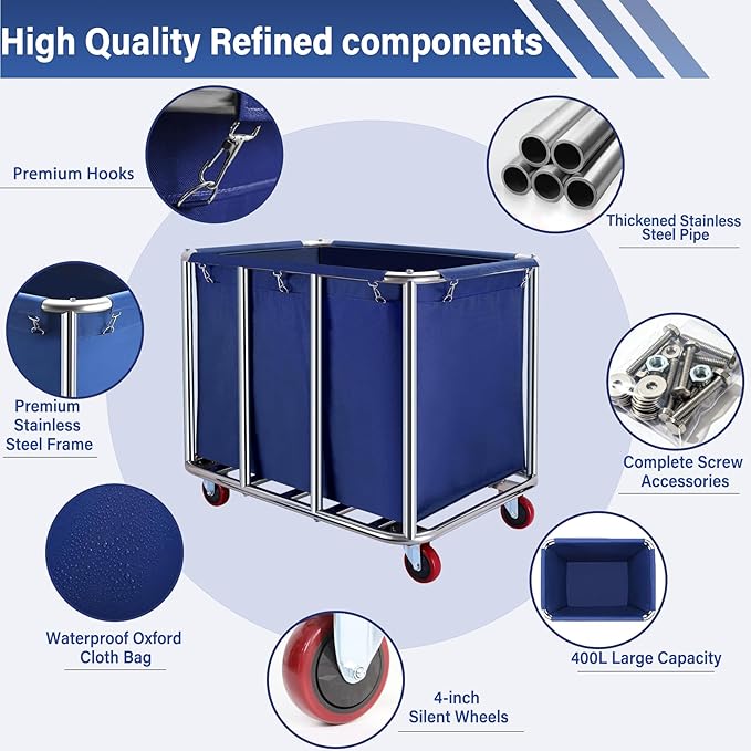 Commercial Laundry Cart with Wheels, 400L Capacity Heavy Duty Large Laundry Basket with Watertight Oxford Bag and Sturdy Steel Frame for Home, Hotel,Hospital,440 lbs(Blue)
