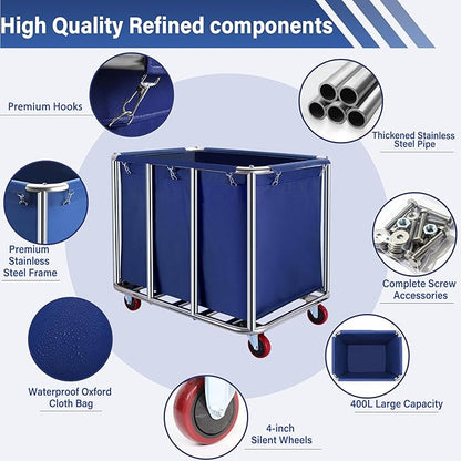 Commercial Laundry Cart with Wheels, 400L Capacity Heavy Duty Large Laundry Basket with Watertight Oxford Bag and Sturdy Steel Frame for Home, Hotel,Hospital,440 lbs(Blue)