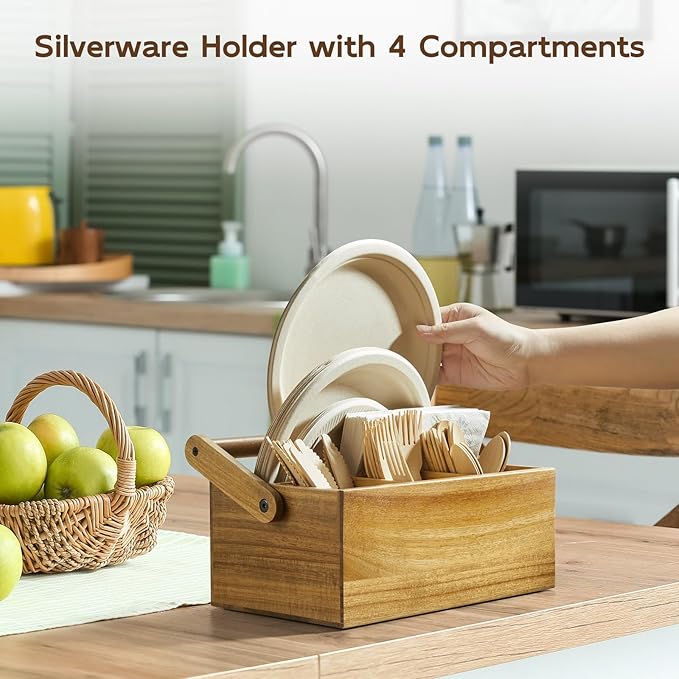 Acacia Paper Plate Dispenser, Paper Plate Holders with Handle, Picnic Silverware Caddy for Party, Cutlery Holder for Countertop, Wood Utensil Organizer for Home Kitchen & RV