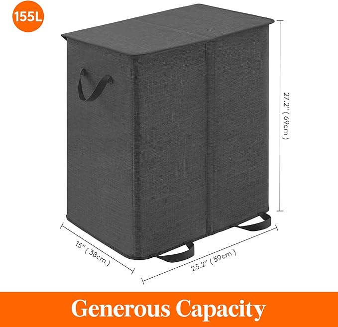 Lifewit Double Laundry Hamper with Lid and Removable Laundry Bags, Large Collapsible 2 Dividers Dirty Clothes Basket with Handles for Bedroom Laundry Room Closet Bathroom College, 155L Black