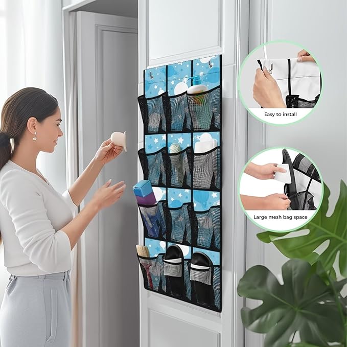 12-Pocket Storage Hanging Bag for Doors, Oxford Material, Waterproof Scratch-Proof and Designed for Organizing Household Items, Blue White Planets