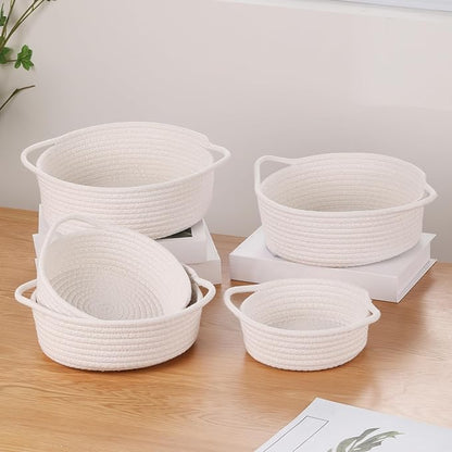 YMhoart Small Storage Woven Baskets Shelves Natural Cotton Rope Bins with Handle Toilet Tank Paper for Countertop Cute Gifts Organizing Mini Nursery 5 Set box (White)