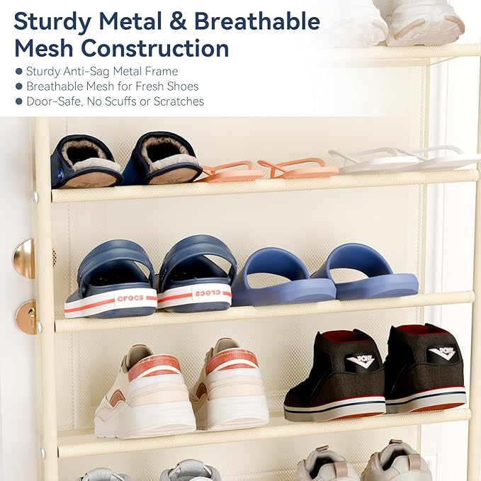 Whitmor 36 Pair Over The Door Shoe Organizer, 12 Tier Hanging Shoe Organizer, Heavy Duty Metal & Mesh Shoe Holder, Hanging Shoe Rack for Closet Organizer & Storage, 74"L x 21.7"W x 7.5"H, Beige