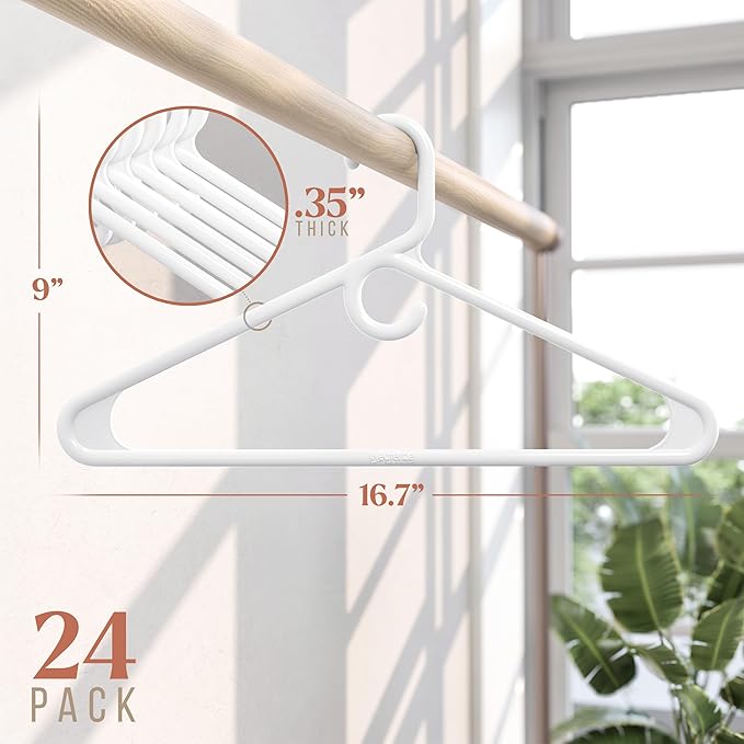 NEATERIZE Thick Heavy Duty Hangers - White Plastic Clothes Hangers 24 Pack - Great for Coat Hanger, Jackets Jeans & Suit Hanger for Closet - New Apartment Essentials Percheros Ganchos para Colgar Ropa