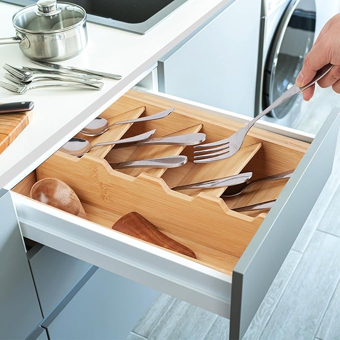 Bamboo Kitchen Drawer Organizer, Expandable Silverware Organizer, Utensil Holder, Cutlery Tray Spoon Flatware Storage with Drawer Dividers