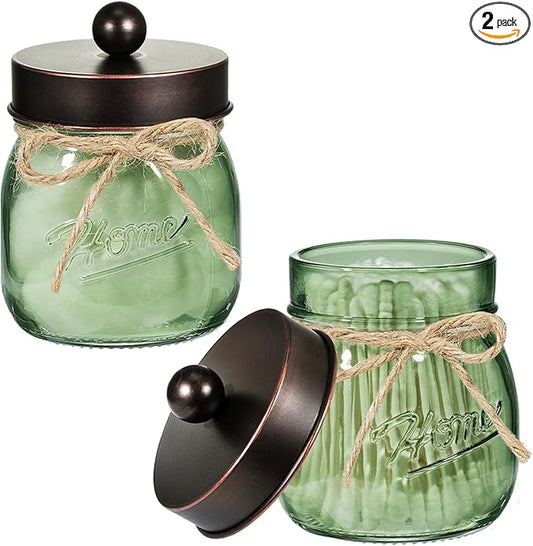 SheeChung Green Glass Qtip Holder Dispenser, Mason Jar Apothecary Jars with Lids, Bathroom Organizers and Storage, Vanity Countertop Canisters Set for Cotton Swab, Ball, Pad, Floss Pick-ORB, 2 Pack