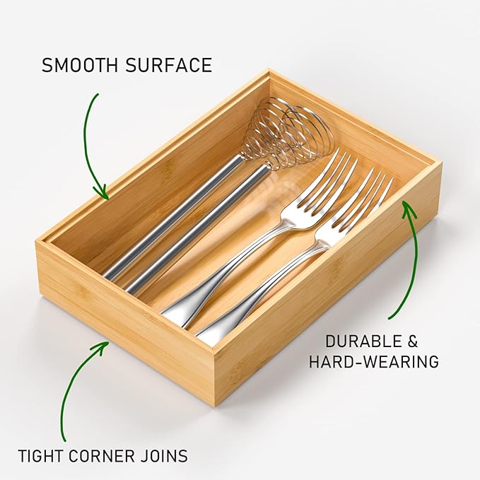 VeyFey Silverware Tray for Drawer, Stackable Kitchen Bamboo Drawer Organizer 9" x 6" x 2" Set of 2