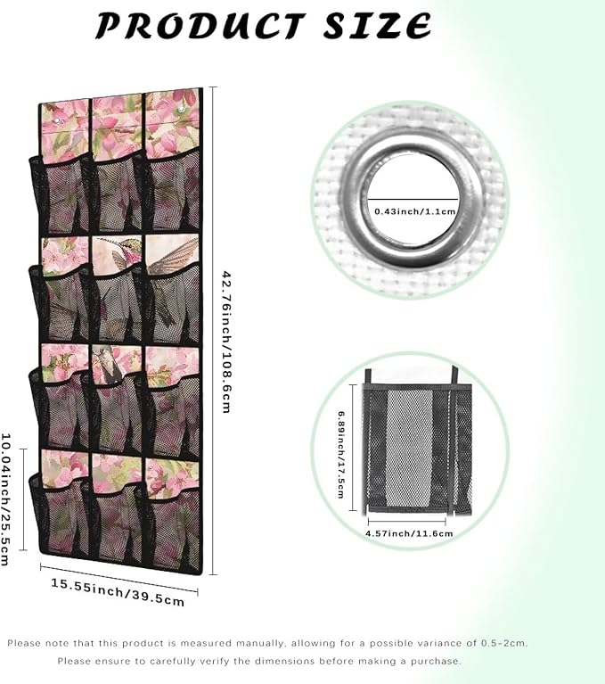 Hummingbird Floral Space Saving Hanging Shoe Organizer,Entryway Bedroom Bathroom Storage Bags with 12 Mesh Large Pockets,Unique Print