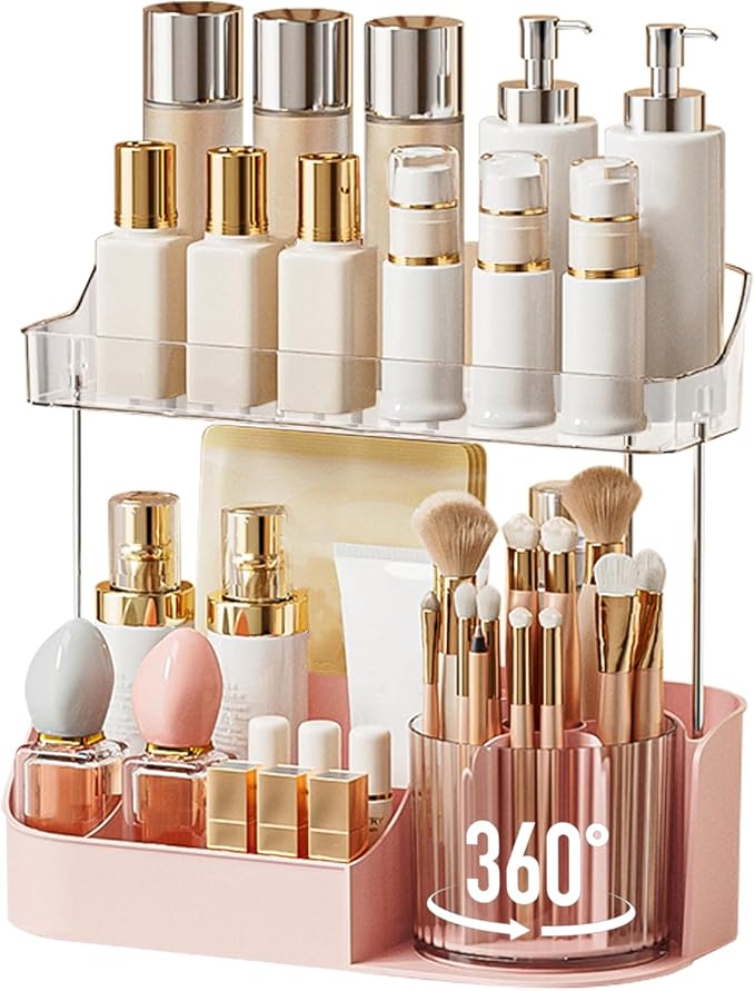 DASITON Large Capacity Makeup Organizer with 360° Rotating Makeup Brush Holder, Perfume and Skincare Storage Organizers for Vanity Bathroom Countertop, Cosmetic Display Case (Pink, 2 Tier)
