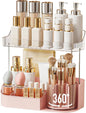 DASITON Large Capacity Makeup Organizer with 360° Rotating Makeup Brush Holder, Perfume and Skincare Storage Organizers for Vanity Bathroom Countertop, Cosmetic Display Case (Pink, 2 Tier)
