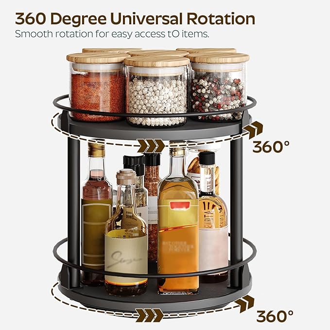 YATINEY Lazy Susan Organizer, Rotating Spice Rack, 2 Tier Spice Turntable Organizer, Industrial Turntable Spice Holder, for Kitchen Countertop and Cabinet, Compact and Versatile, Black SR22BK