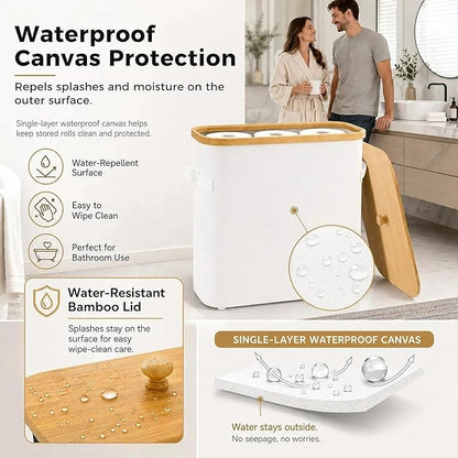 Premium Waterproof Toilet Paper Storage Box with Bamboo Lid - Fits 9 Mega Rolls, 900D Heavy-Duty Fabric Bathroom Organizer Bin with Elevated Base & Handles for Narrow Spaces (17.3"x 6.9"x 15.5")