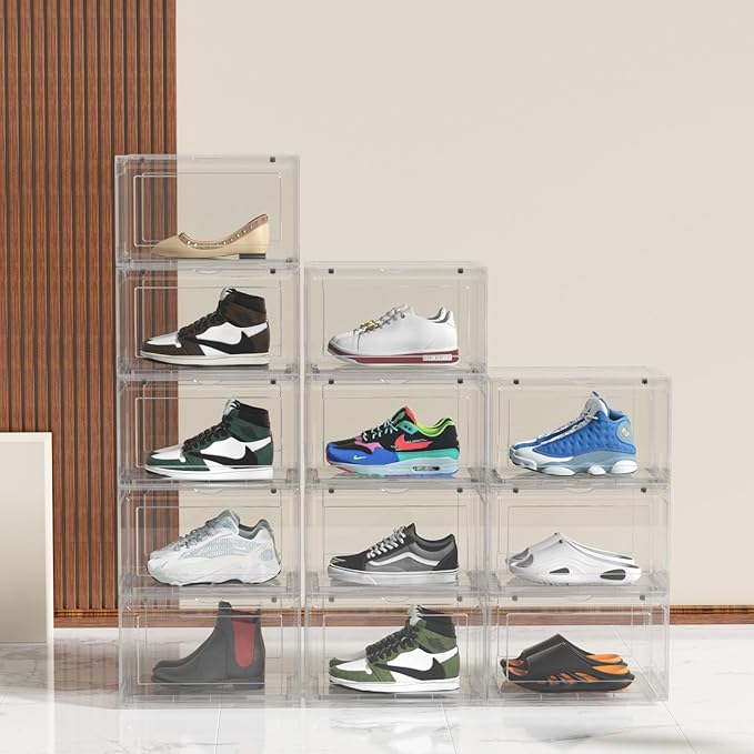 12 Packs Large Acrylic Clear Shoe Boxes with Magnetic Door, Strong Stackable Shoe Organizers, Sneaker Containers, Boot Display Case Up to US Size 15