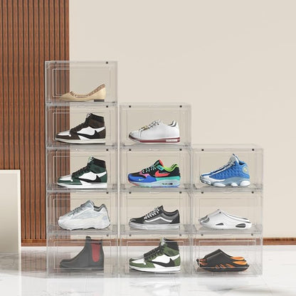 12 Packs Large Acrylic Clear Shoe Boxes with Magnetic Door, Strong Stackable Shoe Organizers, Sneaker Containers, Boot Display Case Up to US Size 15
