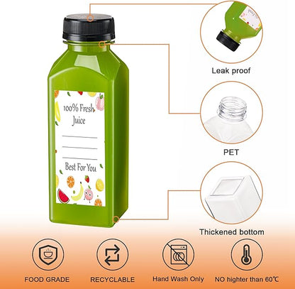 Juice Bottles with Caps 10Pcs 12oz, Plastic Bottleswith Caps, Clear Reusable Water Bottle, Used for Juicing Bottles, Smoothie Bottle, Juice Containers - with 10Pcs Labels & Bottle Brush