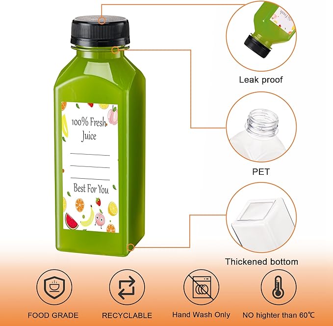 BOOMIBOO Juice Bottles with Caps 15Pcs 12oz, Plastic Bottles with Caps, Clear Reusable Water Bottle, Used for Juice Containers - with 15Pcs Labels & Bottle Brush