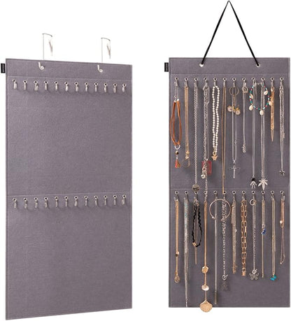 Hanging Jewelry Organizer Storage with 24 Hooks Wall Mounted Jewelry Display Hanging on Door Closet Necklace Holder for Bracelet Ring Chain-Patent Design(Gray)