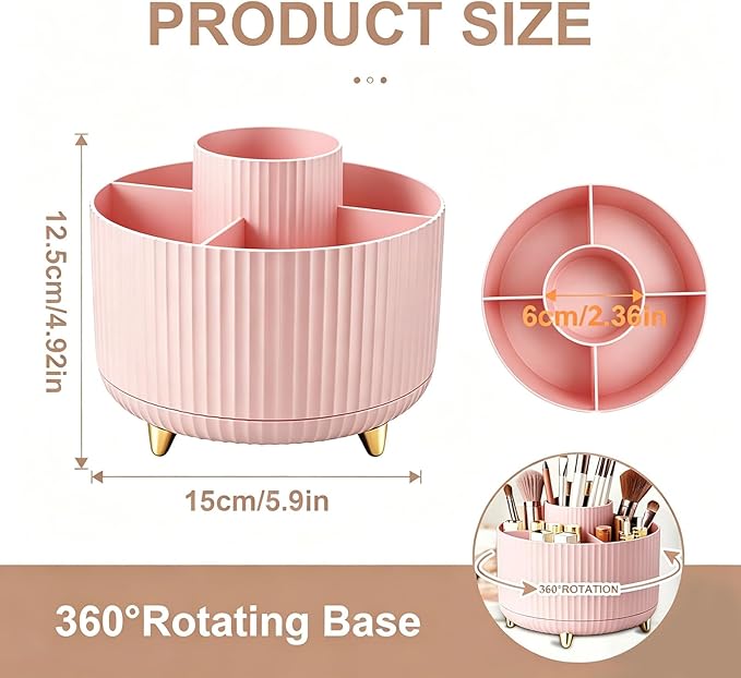 360°Rotating Makeup Brush Holder Organizer, Pink Countertop Cosmetic Display Case, Spinning Skincare Storage Carousel for Vanity, Desktop & Bathroom