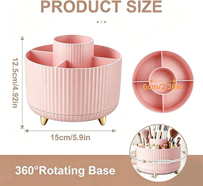 360°Rotating Makeup Brush Holder Organizer, Pink Countertop Cosmetic Display Case, Spinning Skincare Storage Carousel for Vanity, Desktop & Bathroom