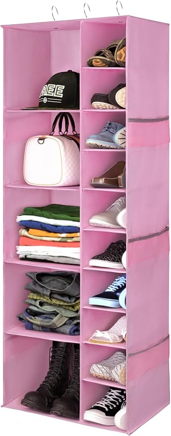 Closet Organizers and Storage Shelves, 15 Sections Hanging Shoe Closet Storage Organizer, Space-Saving Shoe Rack Holder Hanger, Pink