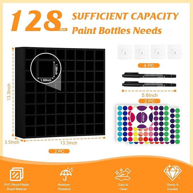 2 Pack of 128 Grids Black Hair Color Organizer for 2oz Shades EQ Wall Mounted Hair Color Rack Stackable Hair Dye Holder Paint Bottle Rack Stand for Salon Decor Lumishine Warhammer Use(2, Black)