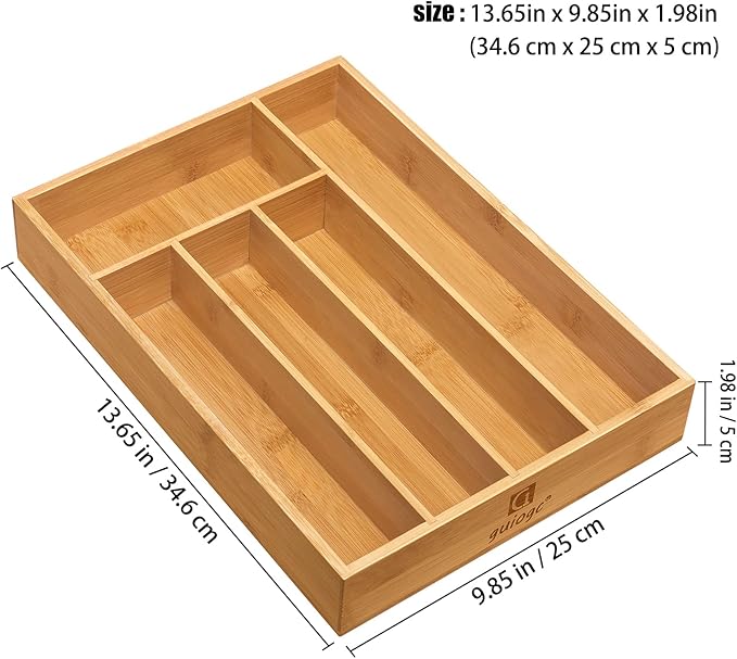 guiogc Kitchen Bamboo Silverware Drawer Organizer，Silverware Organizer and Cutlery Tray with Grooved Drawer Dividers for Silverware, Knives in Kitchen, Bedroom (5 Slot-Natural)