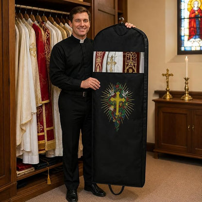Clergy Robe Garment Bag, Black Vestment Cover for Hanging Clothes, Deacon Preacher Travel Storage Bag (Black, 60 Inch)