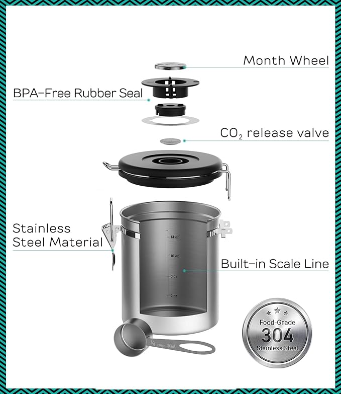 Coffee Gator Coffee Canister, 16oz Airtight Stainless Steel Kitchen Food Storage Container with Date Tracker, Scoop for Sugar,Grounds Coffee, Beans,Tea, Sugar, Cereal, Flour, Cookies Jars - Silver