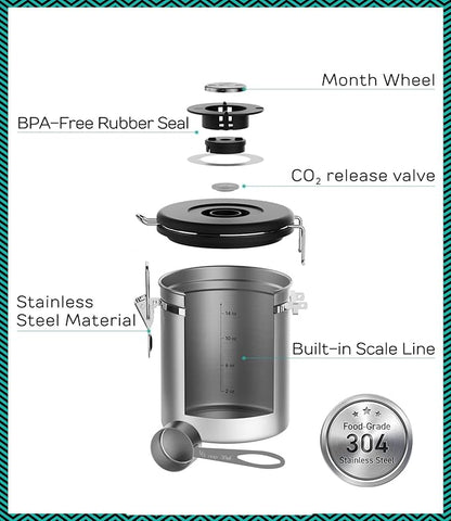Coffee Gator Coffee Canister, 16oz Airtight Stainless Steel Kitchen Food Storage Container with Date Tracker, Scoop for Sugar,Grounds Coffee, Beans,Tea, Sugar, Cereal, Flour, Cookies Jars - Silver